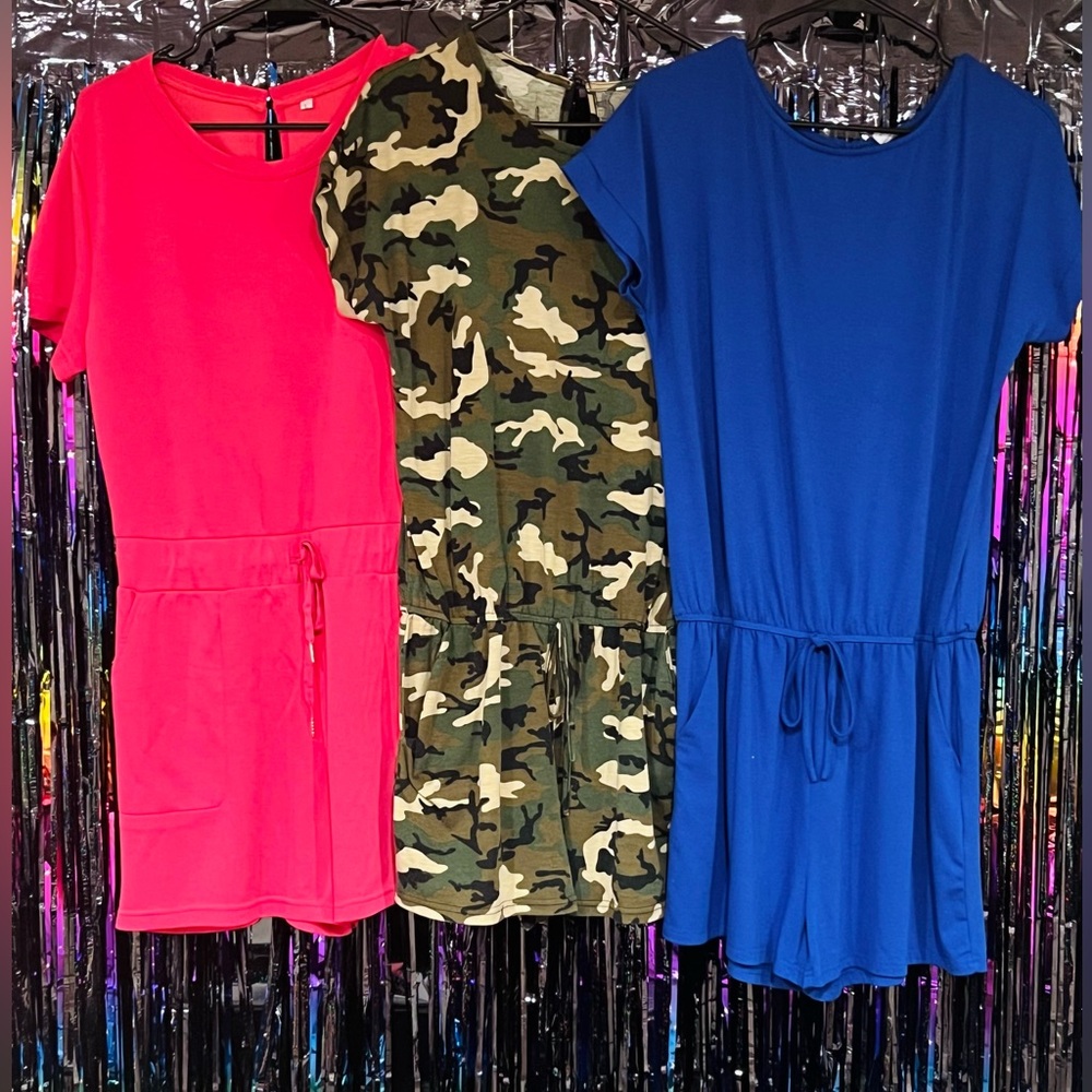 3 Womens Casual Rompers - Pink, Camo, Blue